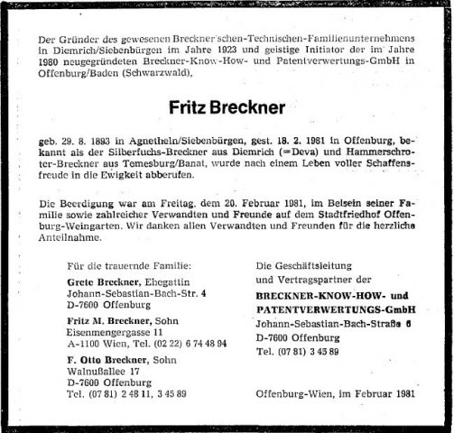 Breckner Friedrich 1893-1981 Todesanzeige